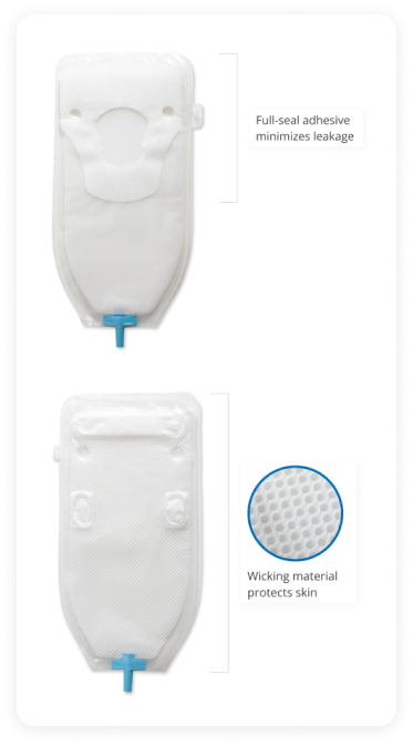 Full-seal adhesive minimizes leakage. Wicking material protects skin.