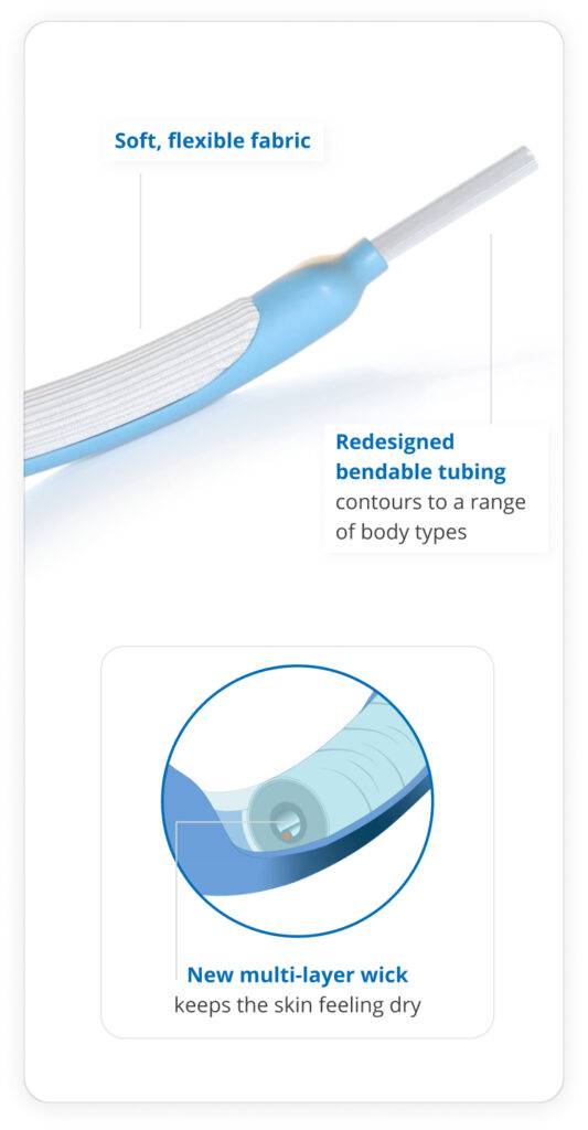Redesigned bendable tubing contours to a range of body types. Soft, flexible fabric. New multi-layer wick keeps the skin feeling dry.